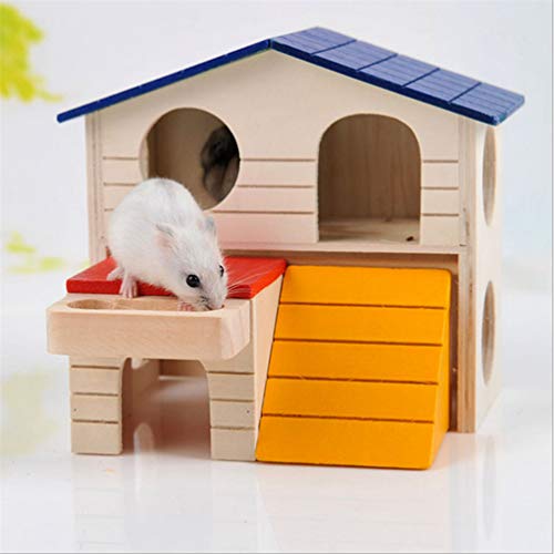 Floralby Double Layer Wooden Hamster House with Food Groove Mice Squirrel Hidden Play Villa Toy