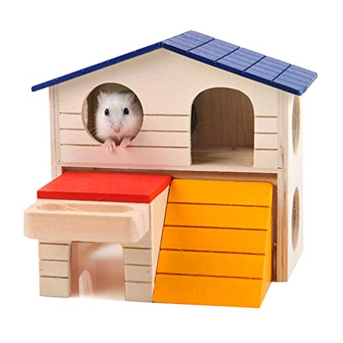Floralby Double Layer Wooden Hamster House with Food Groove Mice Squirrel Hidden Play Villa Toy