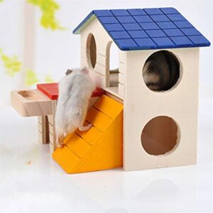 Floralby Double Layer Wooden Hamster House with Food Groove Mice Squirrel Hidden Play Villa Toy