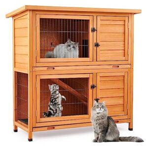 snugens 2 story wooden rabbit hutch, indoor bunny cage chicken coops guinea pig house hamster accessories, nature color with ladder fence door pull out tray for little small animals