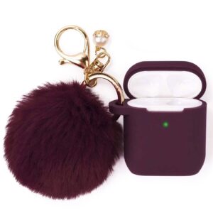 filoto case for airpods, airpod case cover for apple airpods 2&1 charging case, cute silicone protective accessories/keychain/pompom for girls and women, burgundy