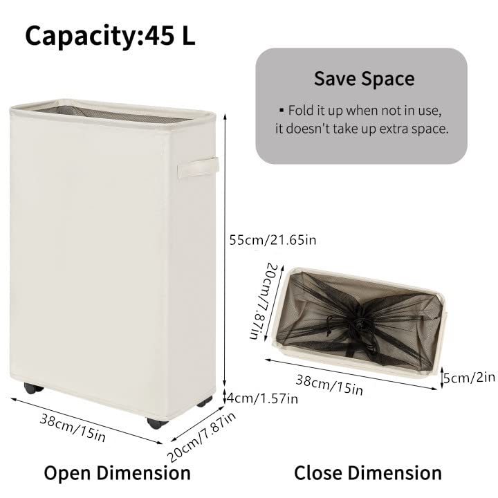 Chrislley 45L Slim Laundry Hamper with Wheels Narrow Rolling Laundry Basket Foldable Dirty Clothes Portable Skinny Hamper Organizer Storage Bins (21.65 inches, Beige 1)