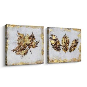 pinetree art gold maple leaf canvas wall art set for livingroom- hand painted fallen leaves art painting gallery wrapped home decoration (gold, 12 x 12 x 2pcs)