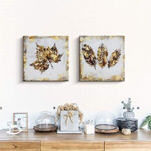 Pinetree Art Gold Maple Leaf Canvas Wall Art Set For Livingroom- Hand Painted Fallen Leaves Art Painting Gallery Wrapped Home Decoration (Gold, 12 x 12 x 2pcs)