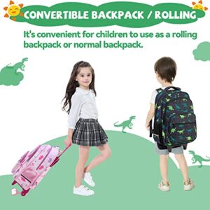 VASCHY Rolling Backpack Kids, 17in Water Resistant Large Bookbag Carry-on Travel Trip Bag with Wheels for Boys Girls Green