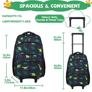 VASCHY Rolling Backpack Kids, 17in Water Resistant Large Bookbag Carry-on Travel Trip Bag with Wheels for Boys Girls Green