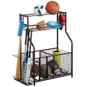 mdesign metal heavy duty garage storage system rack with top shelf, multi-purpose sporting goods storage with multiple compartments, baskets and hooks - holds equipment, balls, bats - bronze