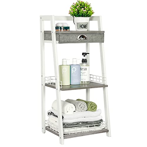 keomaisyto 3-Tier Bathroom Ladder Shelf, Floor Storage Shelf with Drawer, Freestanding Open Tower Shelving Unit for Bathroom Living Room Balcony（White）