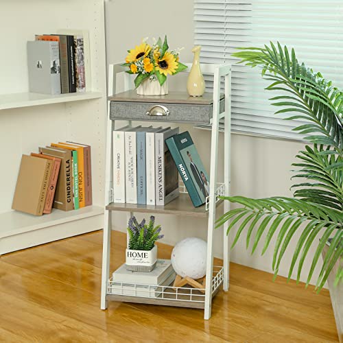 keomaisyto 3-Tier Bathroom Ladder Shelf, Floor Storage Shelf with Drawer, Freestanding Open Tower Shelving Unit for Bathroom Living Room Balcony（White）