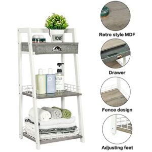 keomaisyto 3-Tier Bathroom Ladder Shelf, Floor Storage Shelf with Drawer, Freestanding Open Tower Shelving Unit for Bathroom Living Room Balcony（White）