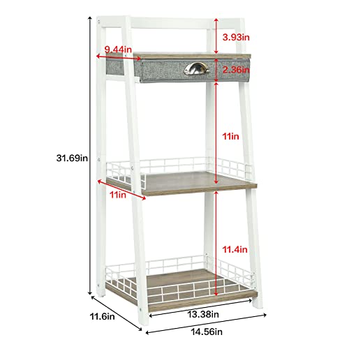 keomaisyto 3-Tier Bathroom Ladder Shelf, Floor Storage Shelf with Drawer, Freestanding Open Tower Shelving Unit for Bathroom Living Room Balcony（White）