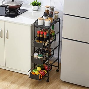 slim storage cart 4 tier - rolling storage cart with drawers and wheels for narrow bathroom storage, rolling metal utility shelving cart for kitchen bathroom laundry, living room (black)