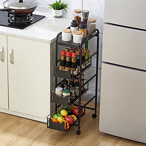 Slim Storage Cart 4 Tier - Rolling Storage Cart with Drawers and Wheels for Narrow Bathroom Storage, Rolling Metal Utility Shelving Cart for Kitchen Bathroom Laundry, Living Room (Black)