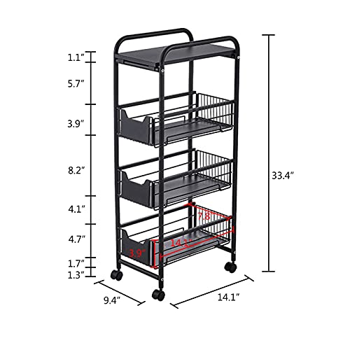 Slim Storage Cart 4 Tier - Rolling Storage Cart with Drawers and Wheels for Narrow Bathroom Storage, Rolling Metal Utility Shelving Cart for Kitchen Bathroom Laundry, Living Room (Black)