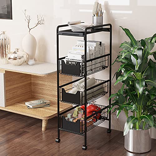 Slim Storage Cart 4 Tier - Rolling Storage Cart with Drawers and Wheels for Narrow Bathroom Storage, Rolling Metal Utility Shelving Cart for Kitchen Bathroom Laundry, Living Room (Black)