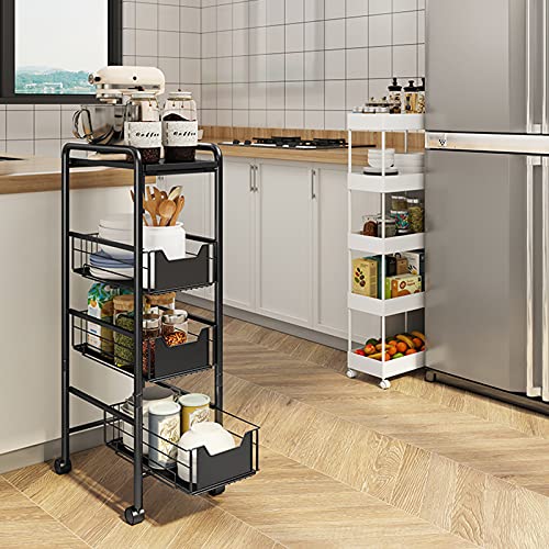 Slim Storage Cart 4 Tier - Rolling Storage Cart with Drawers and Wheels for Narrow Bathroom Storage, Rolling Metal Utility Shelving Cart for Kitchen Bathroom Laundry, Living Room (Black)