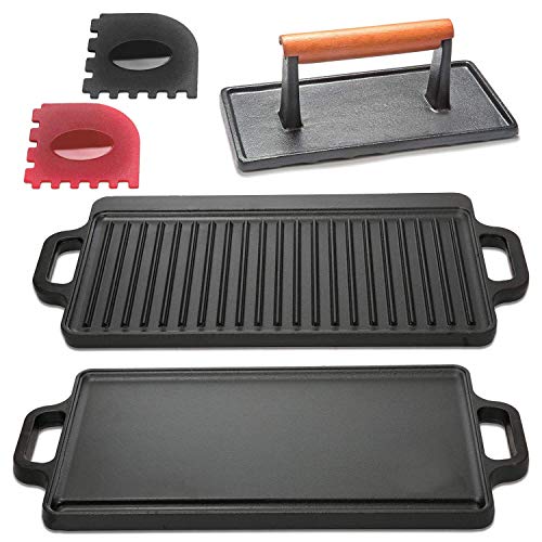 Cast Iron Stove Top Griddle Set & Griddle Accessories, Grill Pan, Includes Reversible Cast Iron Griddle, Stove Top Griddle Press, and Grill Pan Scrapers, Grill Plate measure 17 x 9 inch, Black