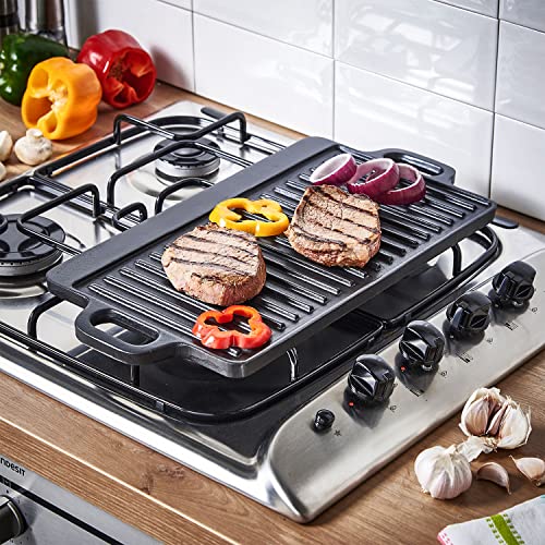 Cast Iron Stove Top Griddle Set & Griddle Accessories, Grill Pan, Includes Reversible Cast Iron Griddle, Stove Top Griddle Press, and Grill Pan Scrapers, Grill Plate measure 17 x 9 inch, Black