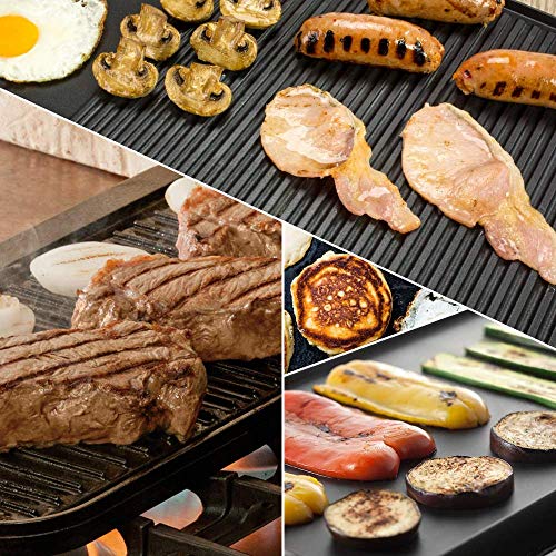 Cast Iron Stove Top Griddle Set & Griddle Accessories, Grill Pan, Includes Reversible Cast Iron Griddle, Stove Top Griddle Press, and Grill Pan Scrapers, Grill Plate measure 17 x 9 inch, Black