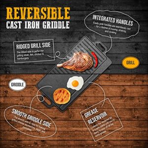 Cast Iron Stove Top Griddle Set & Griddle Accessories, Grill Pan, Includes Reversible Cast Iron Griddle, Stove Top Griddle Press, and Grill Pan Scrapers, Grill Plate measure 17 x 9 inch, Black