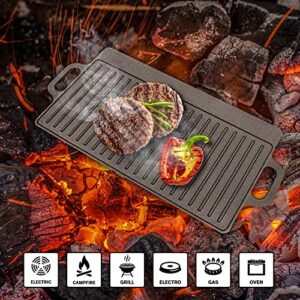 Cast Iron Stove Top Griddle Set & Griddle Accessories, Grill Pan, Includes Reversible Cast Iron Griddle, Stove Top Griddle Press, and Grill Pan Scrapers, Grill Plate measure 17 x 9 inch, Black