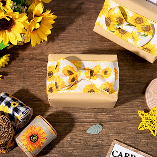 Whaline Sunflower Wired Edge Ribbon 30 Yard Summer Flower Pattern Ribbon 5 Roll Spring Summer Fabric Decorative Craft Ribbon Roll for Gift Wrapping Decor Hair Bow Sewing Wreath Crafts