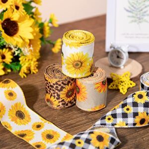 Whaline Sunflower Wired Edge Ribbon 30 Yard Summer Flower Pattern Ribbon 5 Roll Spring Summer Fabric Decorative Craft Ribbon Roll for Gift Wrapping Decor Hair Bow Sewing Wreath Crafts