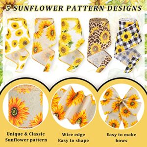 Whaline Sunflower Wired Edge Ribbon 30 Yard Summer Flower Pattern Ribbon 5 Roll Spring Summer Fabric Decorative Craft Ribbon Roll for Gift Wrapping Decor Hair Bow Sewing Wreath Crafts