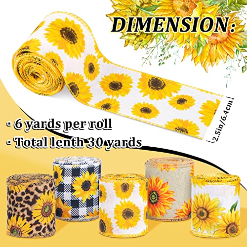 Whaline Sunflower Wired Edge Ribbon 30 Yard Summer Flower Pattern Ribbon 5 Roll Spring Summer Fabric Decorative Craft Ribbon Roll for Gift Wrapping Decor Hair Bow Sewing Wreath Crafts