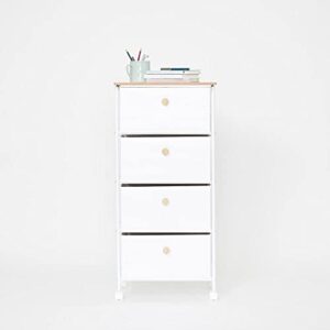 dormify 4 drawers storage organizer on wheels | storage tower with wood top | nightstand organizer | tall skinny dresser for closet | 17" w x 18" d x 38" h | white| dorm & bedroom essential