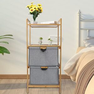 bigtree 4 tiered fabric dresser storage tower with 2 linen-like design drawer, made of natural bamboo and imitation linen organizer unit for living rooms, bedrooms, hallways, entrances, closets, etc