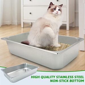 Fhiny Stainless Steel Litter Box for Cat, Large Size With High Sides and Non Slip Rubber Feet Cat Toilet Non Stick Smooth Surface Litter Pan Never Absorbs Odors Stains or Rusts Durable Kitten Supplies