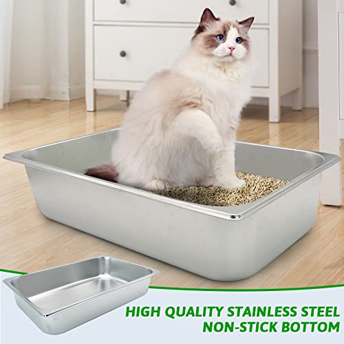 Fhiny Stainless Steel Litter Box for Cat, Large Size With High Sides and Non Slip Rubber Feet Cat Toilet Non Stick Smooth Surface Litter Pan Never Absorbs Odors Stains or Rusts Durable Kitten Supplies