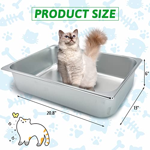 Fhiny Stainless Steel Litter Box for Cat, Large Size With High Sides and Non Slip Rubber Feet Cat Toilet Non Stick Smooth Surface Litter Pan Never Absorbs Odors Stains or Rusts Durable Kitten Supplies