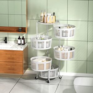 Flesser Rotating Baskets Storage Rack 5 Tier Round Kitchen Rolling Cart with Wheels White Fruit Vegetable Baskets Organizer Stand for Bathroom,Bedroom