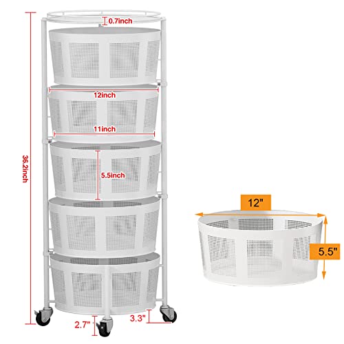 Flesser Rotating Baskets Storage Rack 5 Tier Round Kitchen Rolling Cart with Wheels White Fruit Vegetable Baskets Organizer Stand for Bathroom,Bedroom