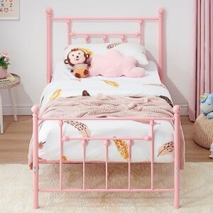 vecelo twin size metal platform bed frame for girls kids adults, with headboard and footboard/no box spring needed mattress foundation, festival gift birthday present, pink