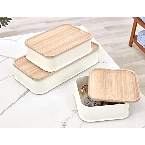 iDesign Recycled Plastic Medium Storage Bin with Paulownia Wood Lid, Small, Coconut