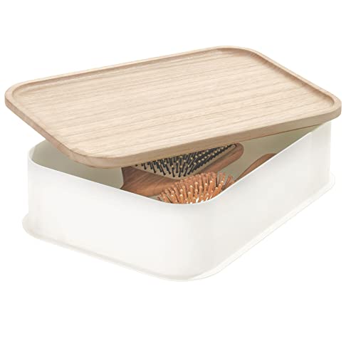 iDesign Recycled Plastic Medium Storage Bin with Paulownia Wood Lid, Coconut