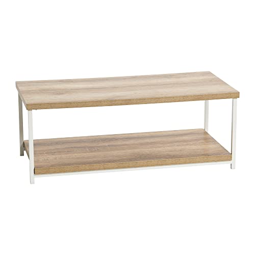 Household Essentials Jamestown Rectangular Coffee Table with Storage Shelf Coastal Oak Rustic Wood Grain and White Metal