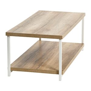 Household Essentials Jamestown Rectangular Coffee Table with Storage Shelf Coastal Oak Rustic Wood Grain and White Metal