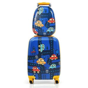 goplus kids luggage set, 12" & 18" kids carry on luggage set, multi-directional wheels suitcase, large capacity rolling trolley suitcase, gift for boys and girls toddlers children travel (car)