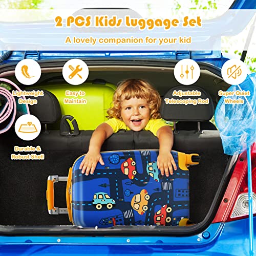 Goplus Kids Luggage Set, 12" & 18" Kids Carry On Luggage Set, Multi-directional Wheels Suitcase, Large Capacity Rolling Trolley Suitcase, Gift for Boys and Girls Toddlers Children Travel (Car)