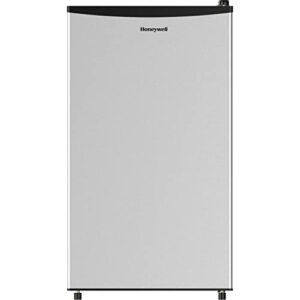 honeywell compact refrigerator 3.3 cu ft mini fridge with freezer, single door, low noise, removable shelves, for bedroom, office, dorm with adjustable temperature settings, stainless steel