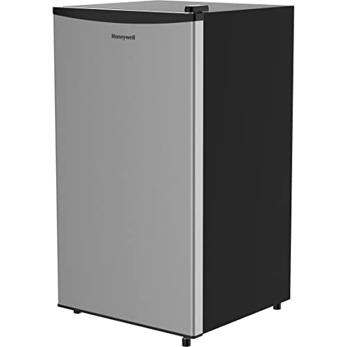 Honeywell Compact Refrigerator 3.3 Cu Ft Mini Fridge with Freezer, Single Door, Low noise, Removable Shelves, for Bedroom, Office, Dorm with Adjustable Temperature Settings, Stainless Steel