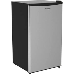 Honeywell Compact Refrigerator 3.3 Cu Ft Mini Fridge with Freezer, Single Door, Low noise, Removable Shelves, for Bedroom, Office, Dorm with Adjustable Temperature Settings, Stainless Steel