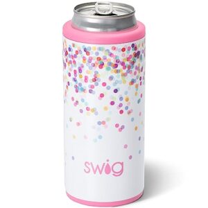 swig life skinny can cooler, stainless steel, dishwasher safe, triple insulated slim can sleeve for 12oz tall skinny can beverages (confetti)