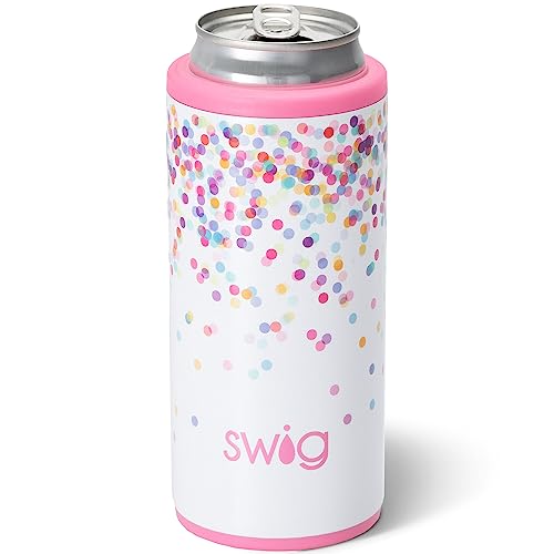 Swig Life Skinny Can Cooler, Stainless Steel, Dishwasher Safe, Triple Insulated Slim Can Sleeve for 12oz Tall Skinny Can Beverages (Confetti)