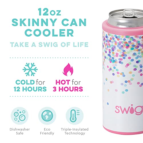 Swig Life Skinny Can Cooler, Stainless Steel, Dishwasher Safe, Triple Insulated Slim Can Sleeve for 12oz Tall Skinny Can Beverages (Confetti)