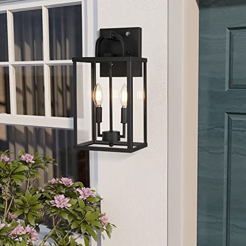 PARTPHONER Large Outdoor Light Fixutre 2-Light, Dusk to Dawn Outdoor Lighting Farmhouse Front Porch Light Exterior Wall Lantern Sconce with Clear Glass for Entryway Doorway House Garage